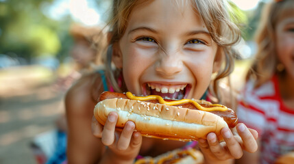 Cute Girls Celebrating with Friends and Family Outdoors with Hot Dogs. Generatvie AI.