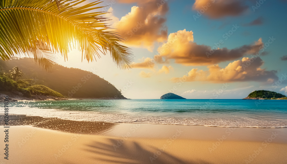 Morning glow beach, tropical, palm trees, sea, sunset, mountains, island
