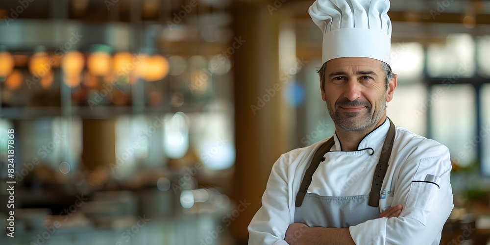 Middleaged Caucasian male chef in chefs hat and apron arms crossed smiling. Concept man, chef, middle-aged, Caucasian, smiling, crossed arms, apron, hat Middleaged Caucasian male chef in chefs hat and apron arms crossed smiling. Concept man, chef, middle-aged, Caucasian, smiling, crossed arms, apron, hat