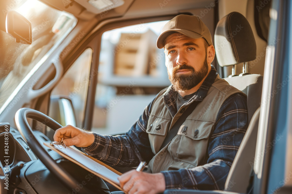 Portrait of a male delivery driver at work. Sitting in his van and looking at a clipboard with documents Portrait of a male delivery driver at work. Sitting in his van and looking at a clipboard with documents