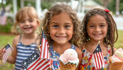 Cute Children Celebrating with Friends and Family Outdoors with Ice Cream Cones. Generatvie AI.