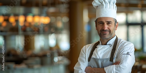 Middleaged Caucasian male chef in chefs hat and apron arms crossed smiling. Concept man, chef, middle-aged, Caucasian, smiling, crossed arms, apron, hat