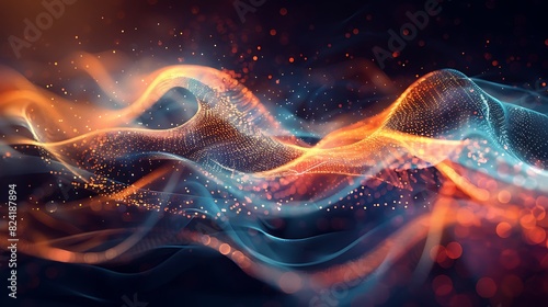 A digital abstract image with flowing particles in orange and blue colors on a black background.