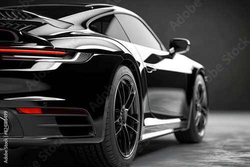 Rear view of modern black premium car in studio light