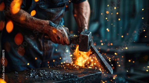 Blacksmith hammering hot metal on anvil with sledgehammer in a close up photo