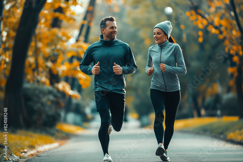 Running in park at morning time. Cheerful husband and wife competing together and jogging on fresh air. Active people wearing sport clothes doing cardio for good health and staying fit. photo