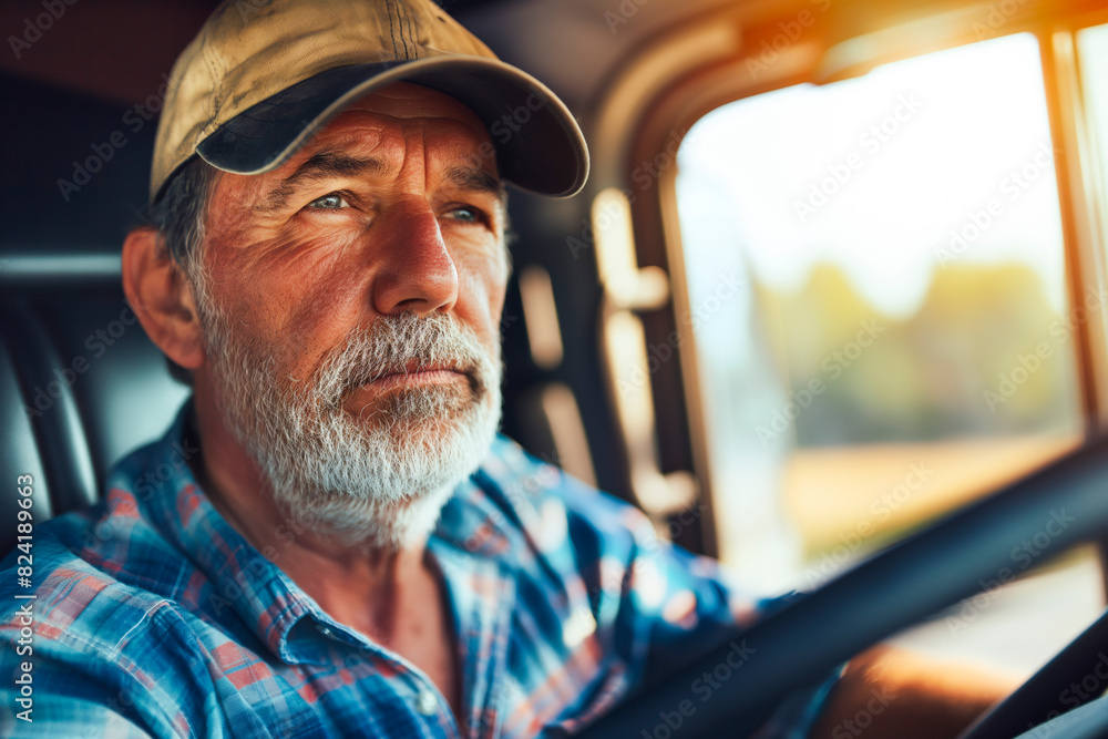 Serious truck driver on his journey focused on the road Serious truck driver on his journey focused on the road