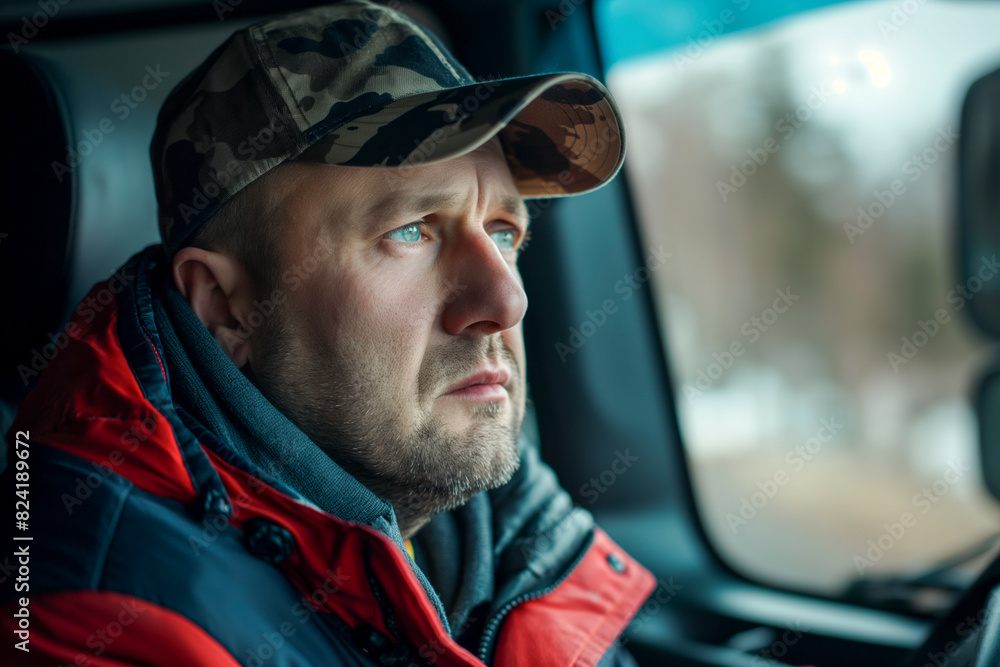 Serious truck driver on his journey focused on the road Serious truck driver on his journey focused on the road