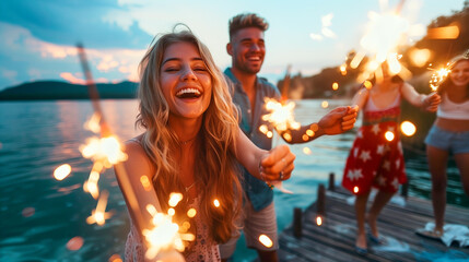 Young Adults Having Fun With Sparklers at the Lake. Generative AI.