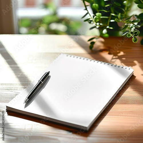  Hoja en blanco con un bolígrafo sobre un escritorio de madera y una lámpara con poca luz. Concepto de mensaje, carta, notas. photo