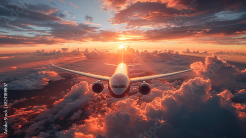 Avión en vuelo, un atardecer nublado,  con puesta de sol, concepto de aerolínea próspera, moderna y desarrollada.
