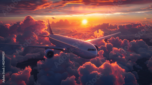 Avión en vuelo, un atardecer nublado,  con puesta de sol, concepto de aerolínea próspera, moderna y desarrollada.