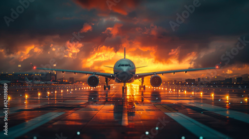 Avión en pista un atardecer nublado,  con puesta de sol, concepto de aerolínea próspera, moderna y desarrollada.