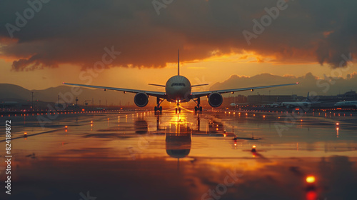 Avión en pista, un atardecer nublado,  con puesta de sol, concepto de aerolínea próspera, moderna y desarrollada.