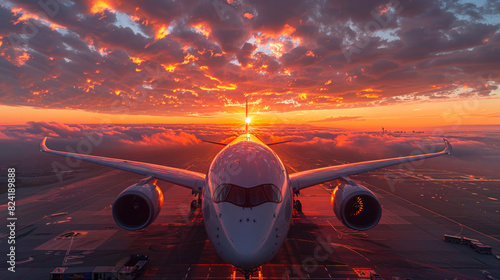 Avión en pista, un atardecer nublado,  con puesta de sol, concepto de aerolínea próspera, moderna y desarrollada. photo