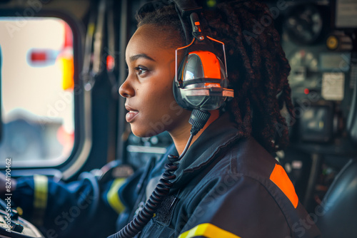 Side view of a Black female airport firefighter sitting in a fire truck using a CB station while driving towards an emergency location at the airport runway