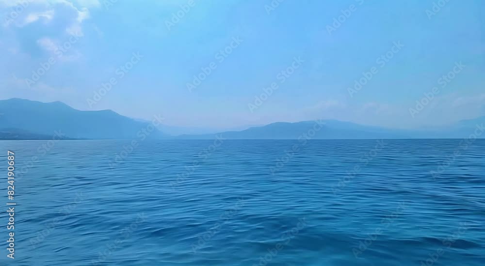 Serene Coastal Waterscape with Hazy Mountain Background Serene Coastal Waterscape with Hazy Mountain Background