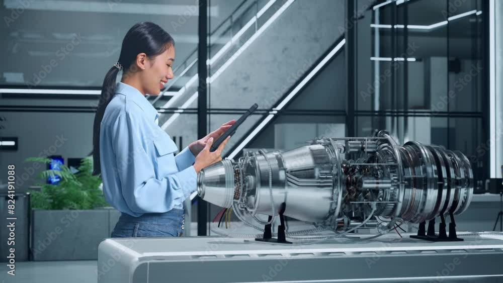Side View Of An Asian Female Professional Worker Standing With Her Tablet With Electric Engine for Innovative Project, Checking On Her Tablet With Meditation Side View Of An Asian Female Professional Worker Standing With Her Tablet With Electric Engine for Innovative Project, Checking On Her Tablet With Meditation