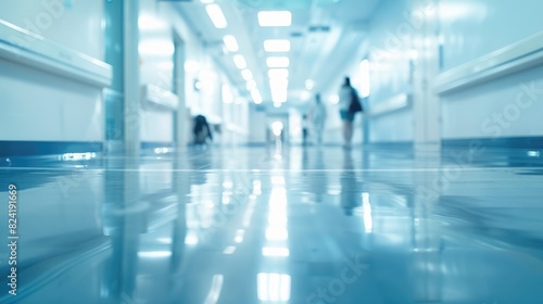 Blurred background of a hospital corridor with people walking, a white and blue color tone, no face details,