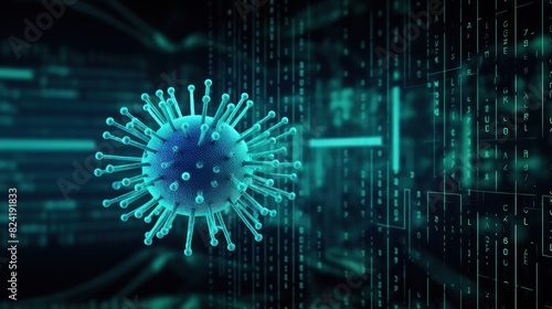 Virus in on a technical background with copy space. Virus. PC virus. computer virus concept. cyber security concept. anti virus concept. Virus cell. Cyber virus. Cyberspace.