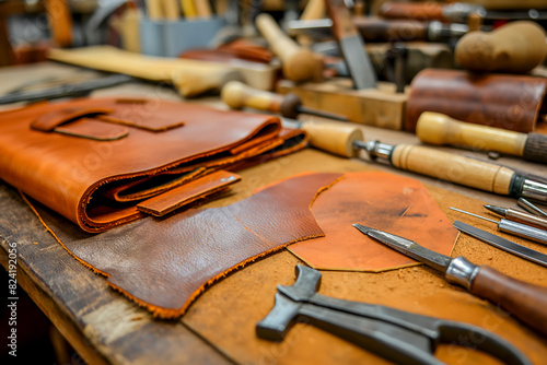 Tools for the manufacture of leather products on the forehead of the leather products master's table