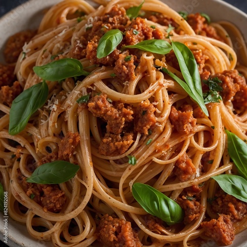 Close-up of delicious bolognese pasta with basil