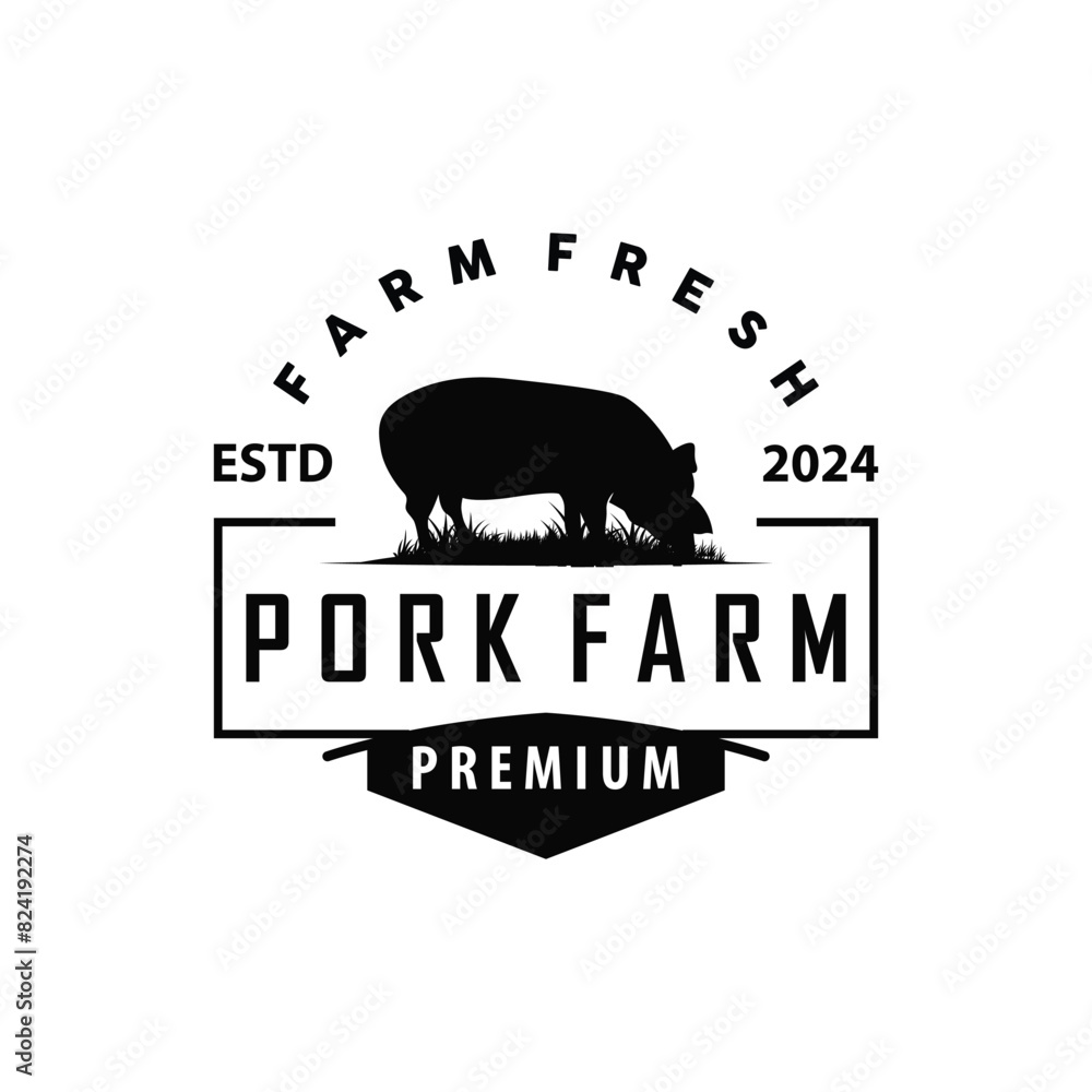 Pig logo grilled pork pig simple rustic stamp vector emblem livestock barbecue BBQ vintage design inspiration