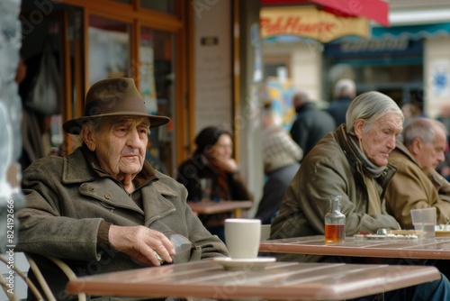 Elderly man in a hat sitting at a table in a street cafe.