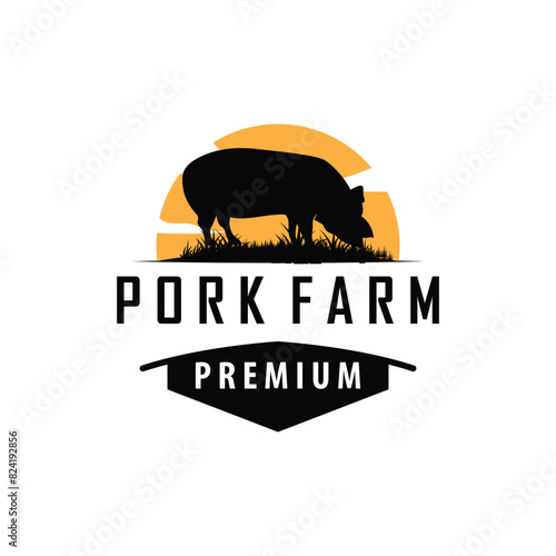 Pig logo grilled pork pig simple rustic stamp vector emblem livestock barbecue BBQ vintage design inspiration