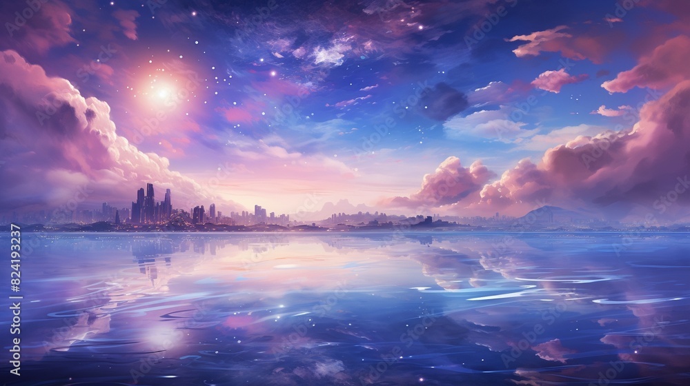 Celestial scene of a dreamy world, where stars sparkle over a serene ocean painted in delicate watercolor hues