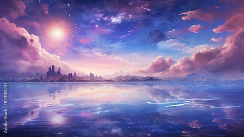 Celestial scene of a dreamy world  where stars sparkle over a serene ocean painted in delicate watercolor hues