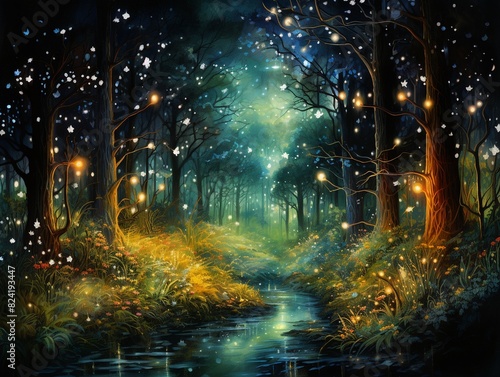 Enchanting forest with glittering stars  a moonlit path through mystical trees  ethereal glow  watercolor painting