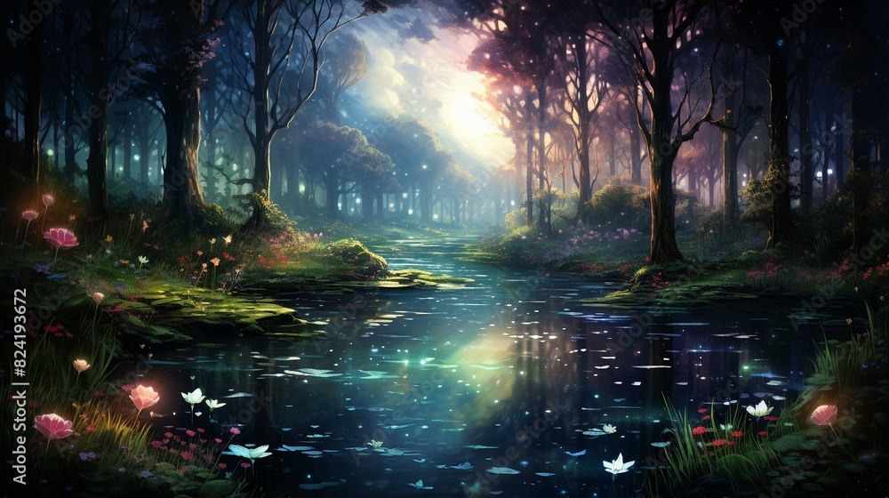 Mystical forest clearing with a shimmering pond, reflections of stars, tranquil and captivating watercolor scene