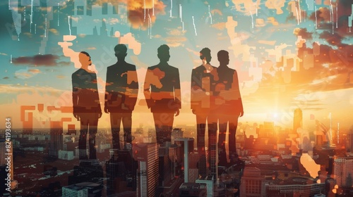 Business team of people standing in front of a city skyline background with a double exposure effect,  photo