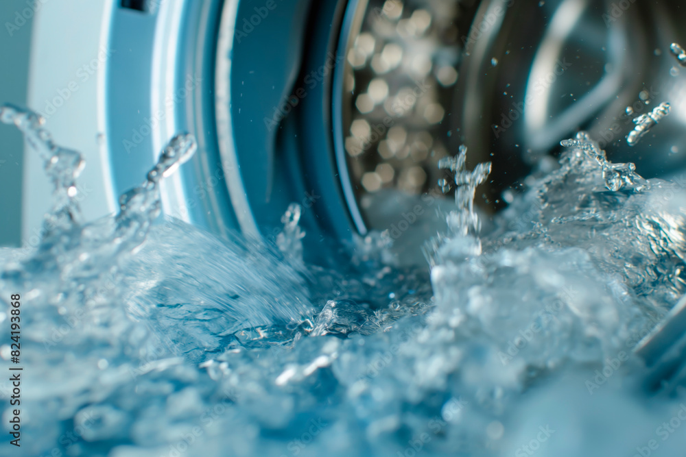 Water coming out of a washing machine. Perfect for illustrating water damage, appliance repair, or household chores. Water coming out of a washing machine. Perfect for illustrating water damage, appliance repair, or household chores.