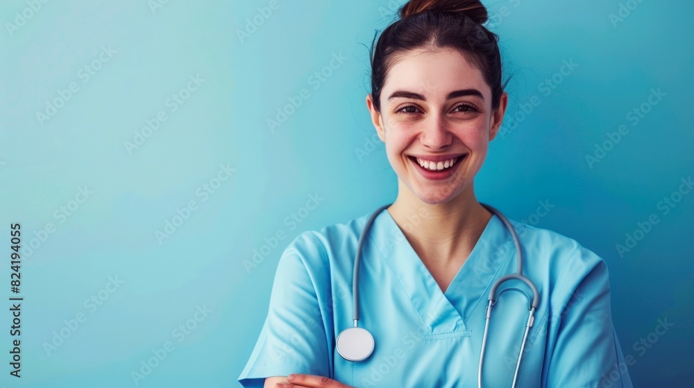 portrait of nurse in front of clean blue background portrait of nurse in front of clean blue background
