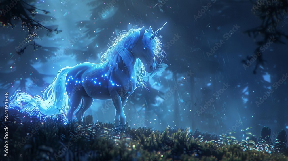 Illustrate a graceful unicorn standing in a magical forest, with a glowing horn and a flowing mane, Close up Illustrate a graceful unicorn standing in a magical forest, with a glowing horn and a flowing mane, Close up