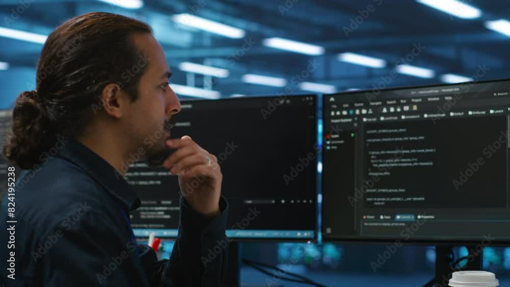 Video Stock Computer scientist in server hub doing system analysis ...