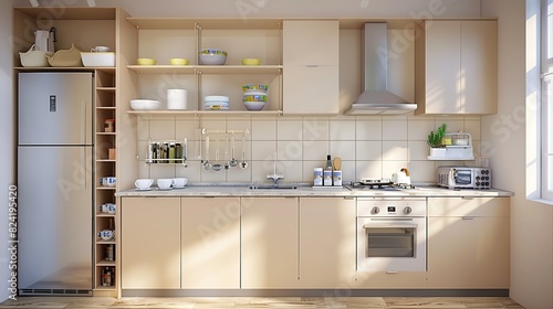 Stylish home kitchen interior with hidden design  shelves and kitchenware. Generative Ai