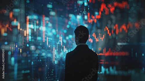Businessman standing in front of digital screen with a stock market graph and financial chart on a dark background, photo