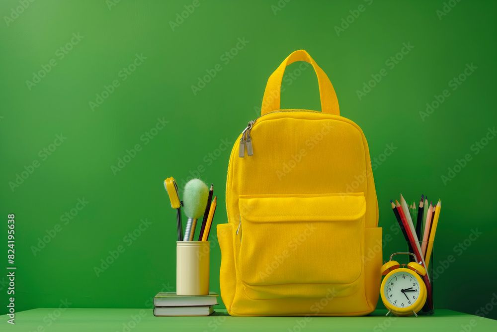 Yellow backpack with alarm clock and school equipment. Back to school concept on green background Yellow backpack with alarm clock and school equipment. Back to school concept on green background