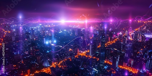 Nighttime Cityscape from Above: Vibrant Lights Illuminate the Urban Landscape. Concept Cityscape Photography, Nighttime Views, Urban Landscapes, Vibrant Lights, Aerial Perspectives