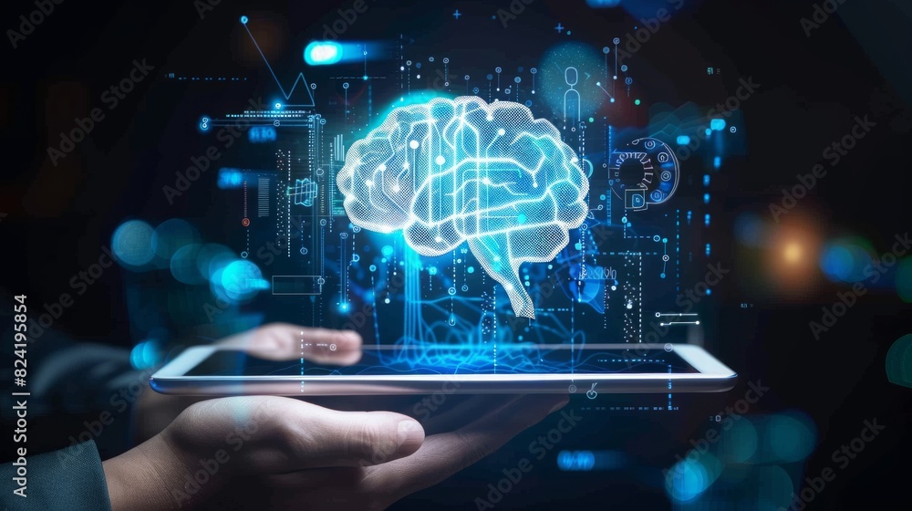 AI, data science, digital technology concept. Computer programmer using digital tablet with AI machine learning, data management system, cloud computing technology, software development AI, data science, digital technology concept. Computer programmer using digital tablet with AI machine learning, data management system, cloud computing technology, software development