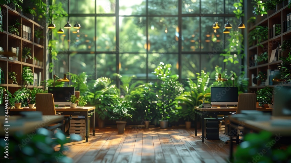 Fototapeta premium Office interior design with environmentally friendly green plants and glass walls