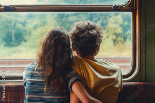 Young couple looking out of the train window