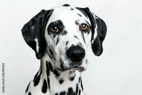 Dalmatian dog with black and white spots looking at camera in pet lifestyle portrait photography