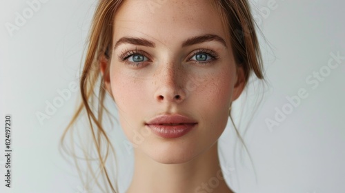 Freckled woman with confident gaze looking at camera in beauty closeup portrait for medical dermatology and skincare concept