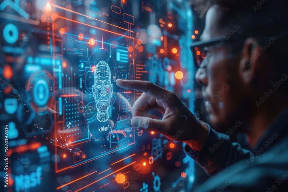 A businessman is touching a sophisticated hologram virtual screen A businessman is touching a sophisticated hologram virtual screen