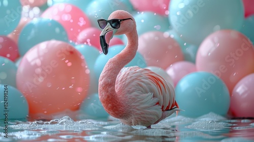 Spectacled flamingo bird in water surrounded by pink balls