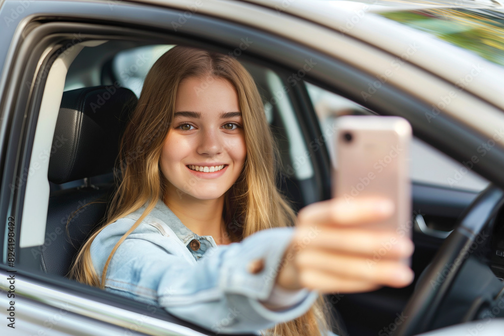 Young woman in a car taking a selfie with her phone.